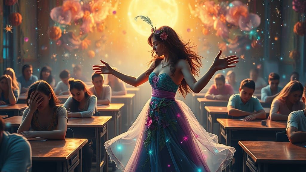 Ethereal Digital Art of a Dancer Among Whimsical Patterns