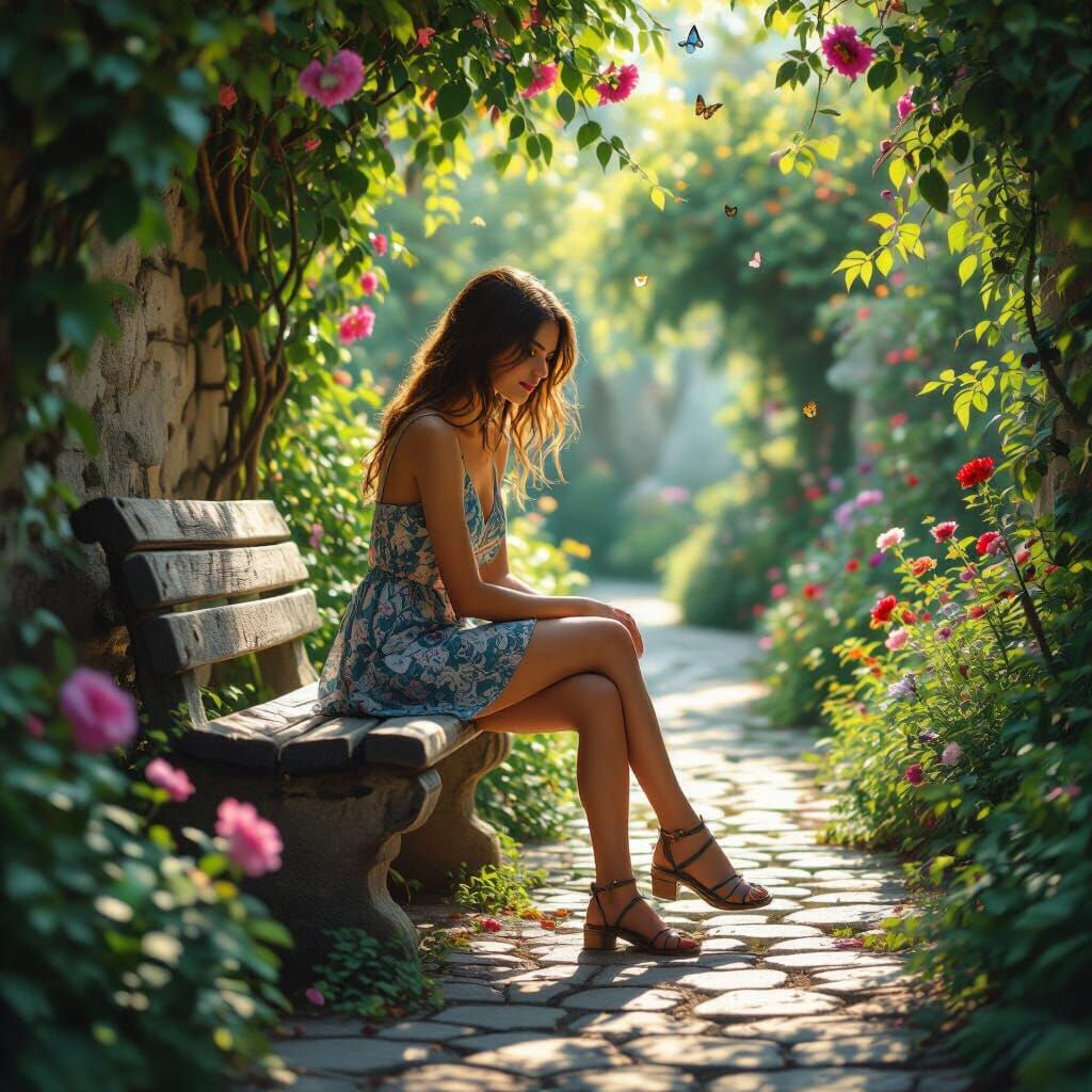 Woman in Overgrown Garden: Hyperrealistic Sunlight Scene