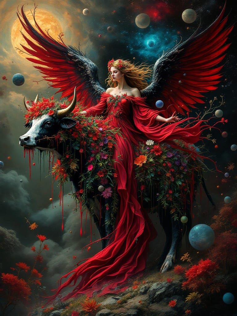 Cosmic Queen Rides Fiery Black-White Cow in Vibrant Surreal...