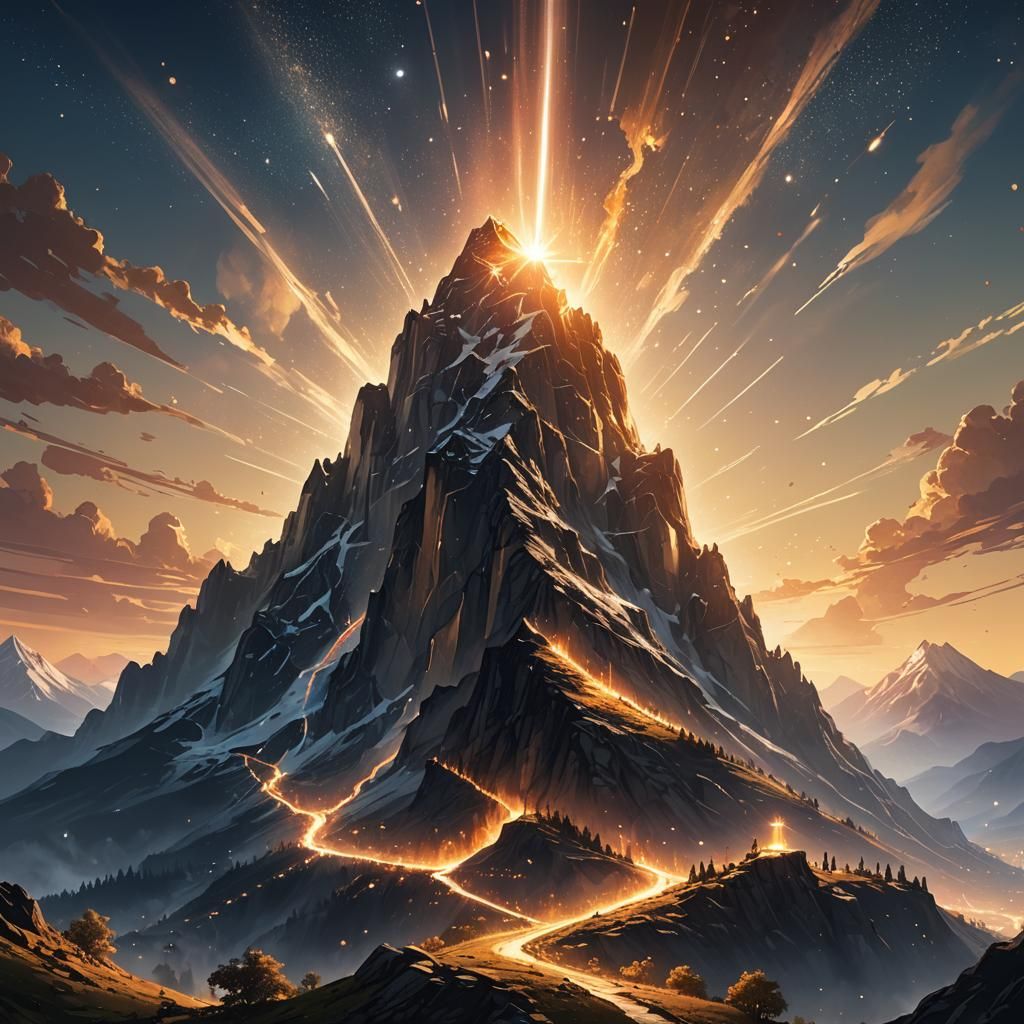 Glowing Mountain Under Starry Sky in Fantasy Art Style