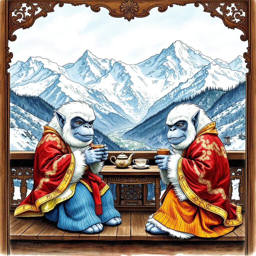 Yeti Tea Party in Shangri-La: Dreamlike Illustration