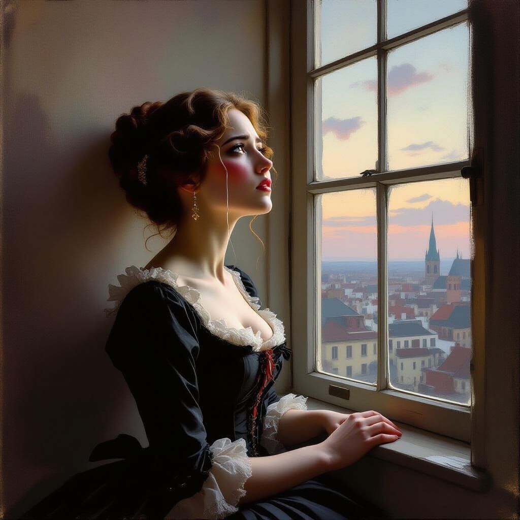 Scorned Woman's Haunting Gaze in 1800s Romanticism Style
