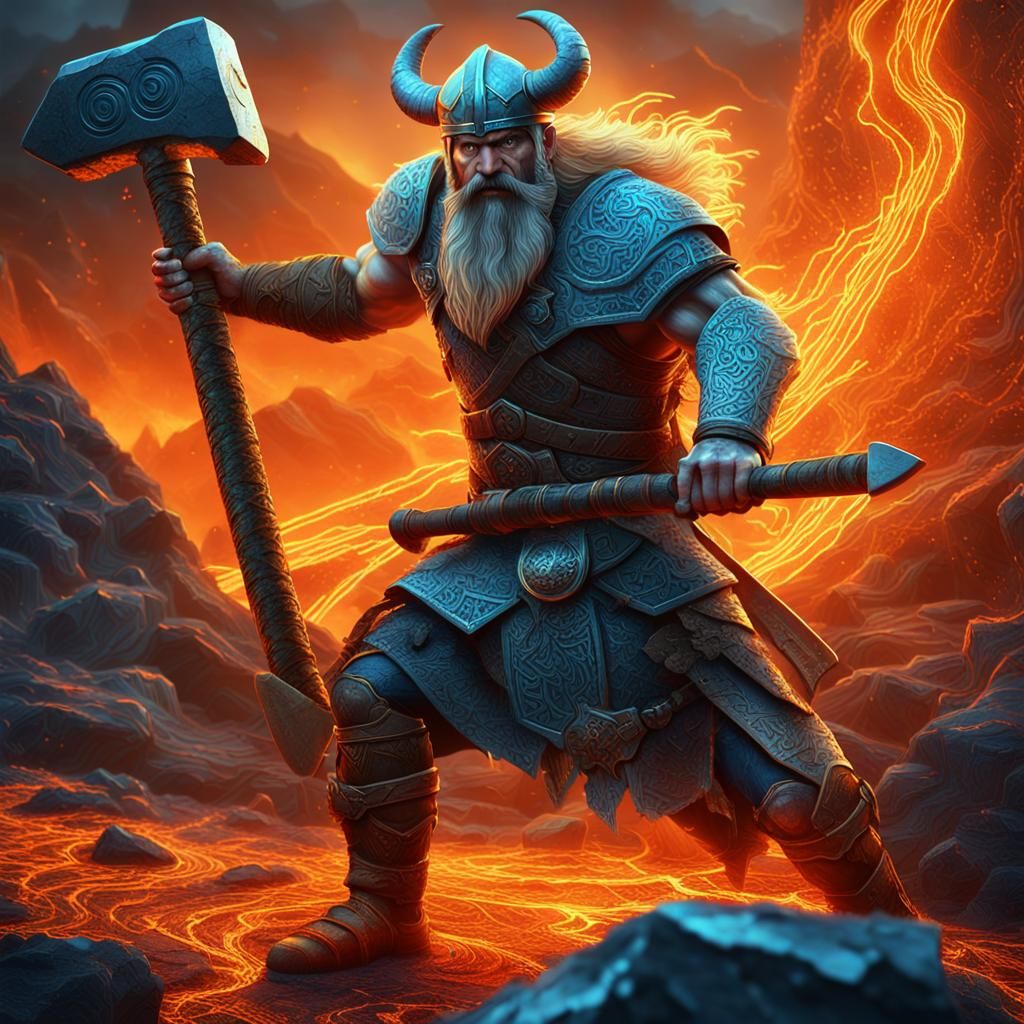 “a powerful Norse-inspired Viking warrior emerging from a cracked, volcanic surface. The warrior has a long, fiery orang...