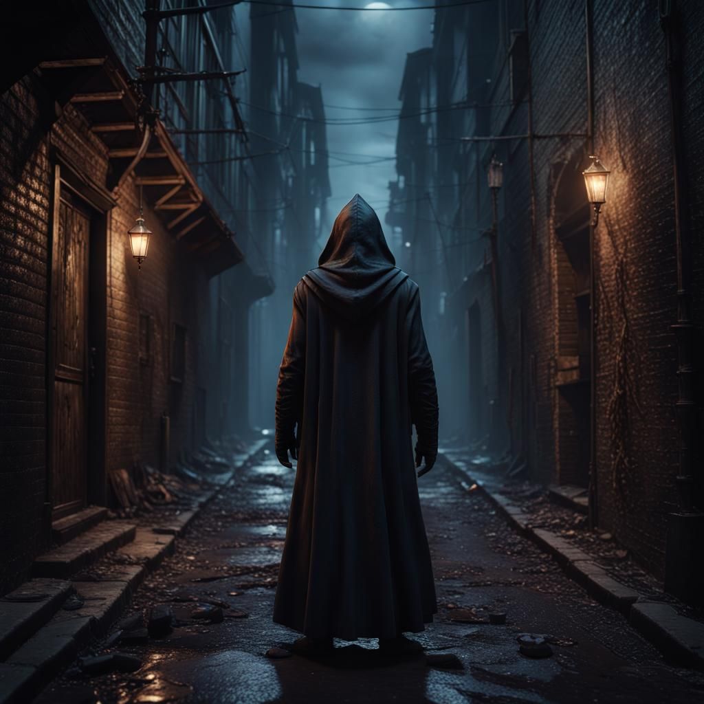 Ominous Hooded Figure in Dark Alleyway