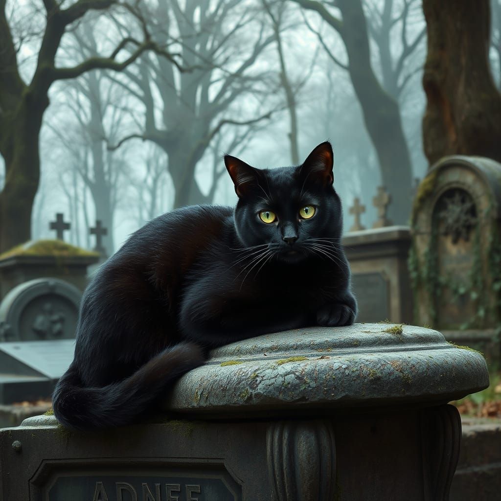 Elegant Black Cat on an Ancient Tombstone in a Haunted Cemet...