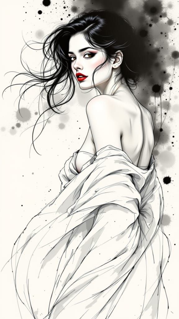 Ethereal Art Nouveau Woman in Monochrome