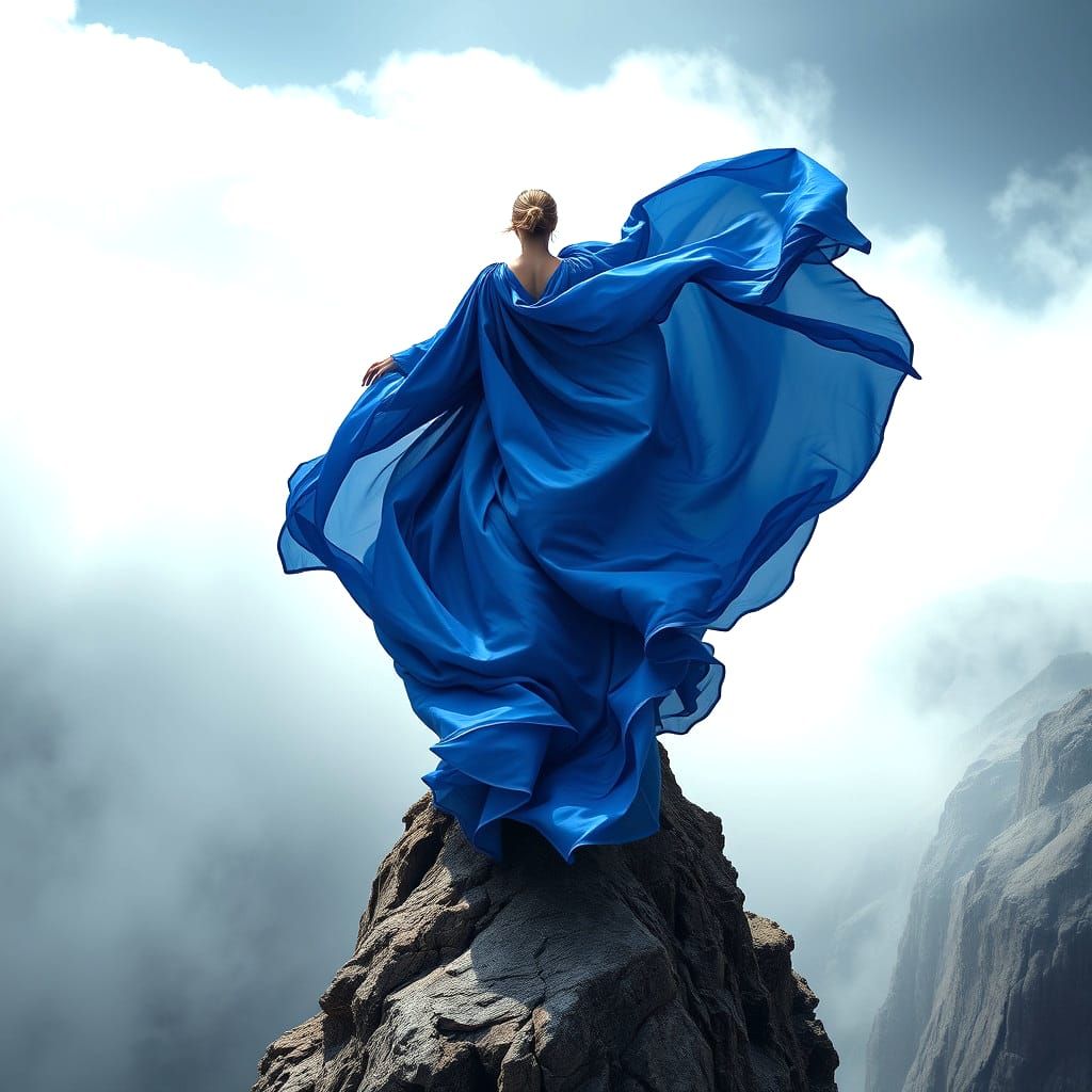 Woman in Blue Dress at Cliff's Edge