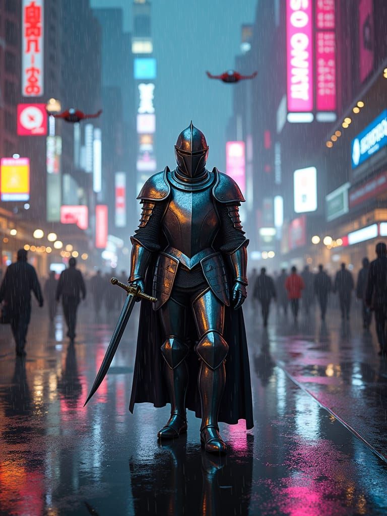 Knight in Cyberpunk Cityscape: Digital Art