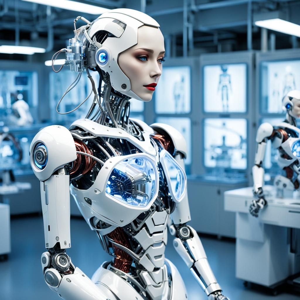 Humanoid Robot Girl's Wedding in Futuristic Lab