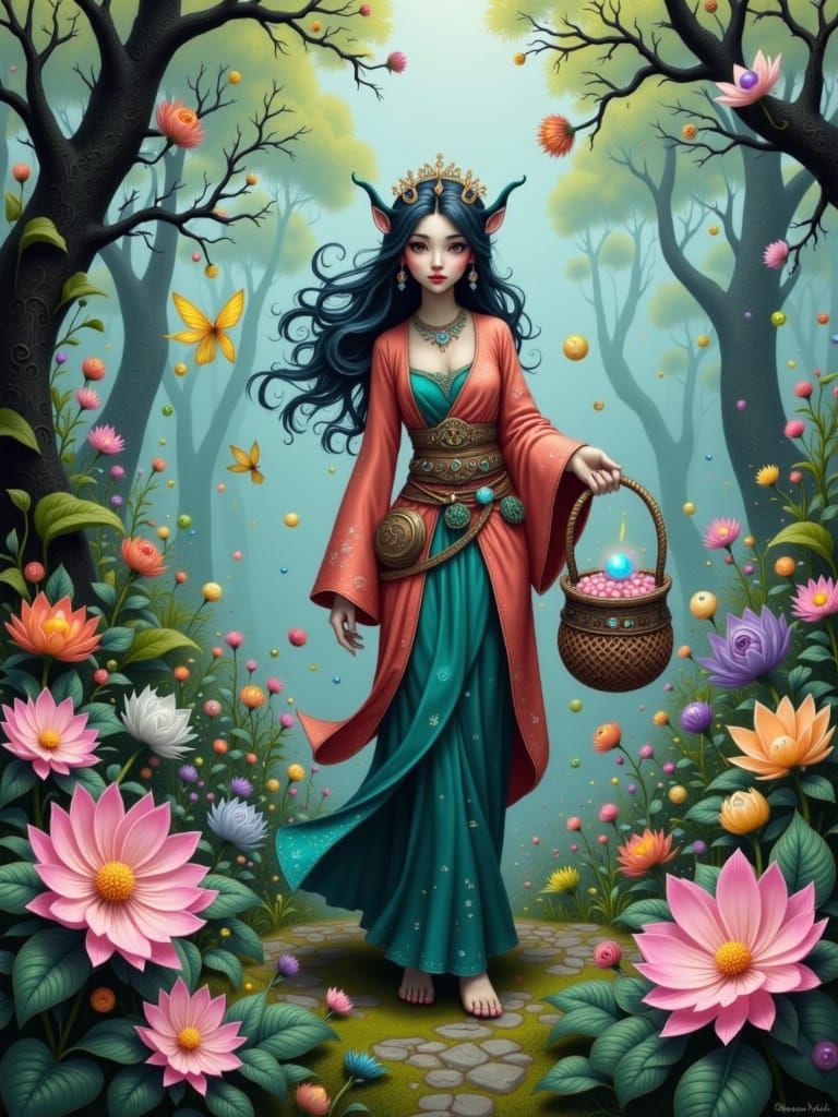 Centaur Herbalist Gathering Healing Plants in Ancient Forest