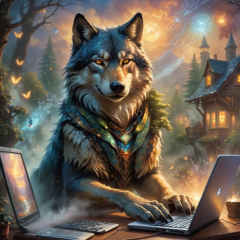 Hacker Wolf Coding in Ethereal Mist