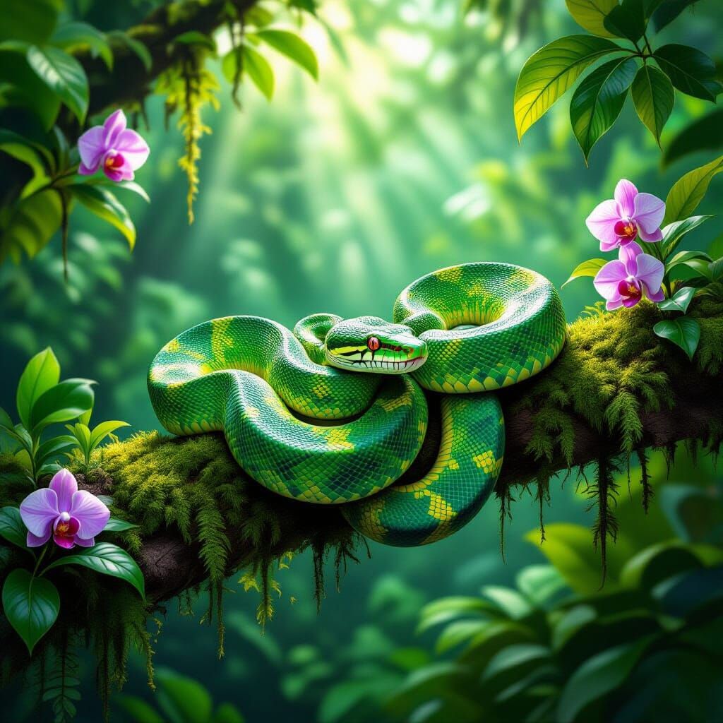 Majestic Emerald Tree Boa in Vibrant Rainforest