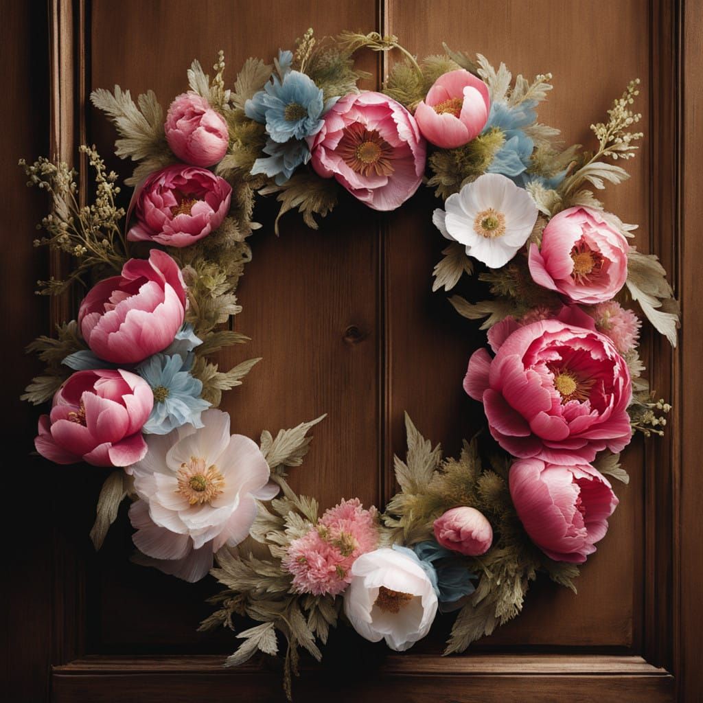 Delicate Floral Wreath Adorns Wooden Door in Soft Impression...