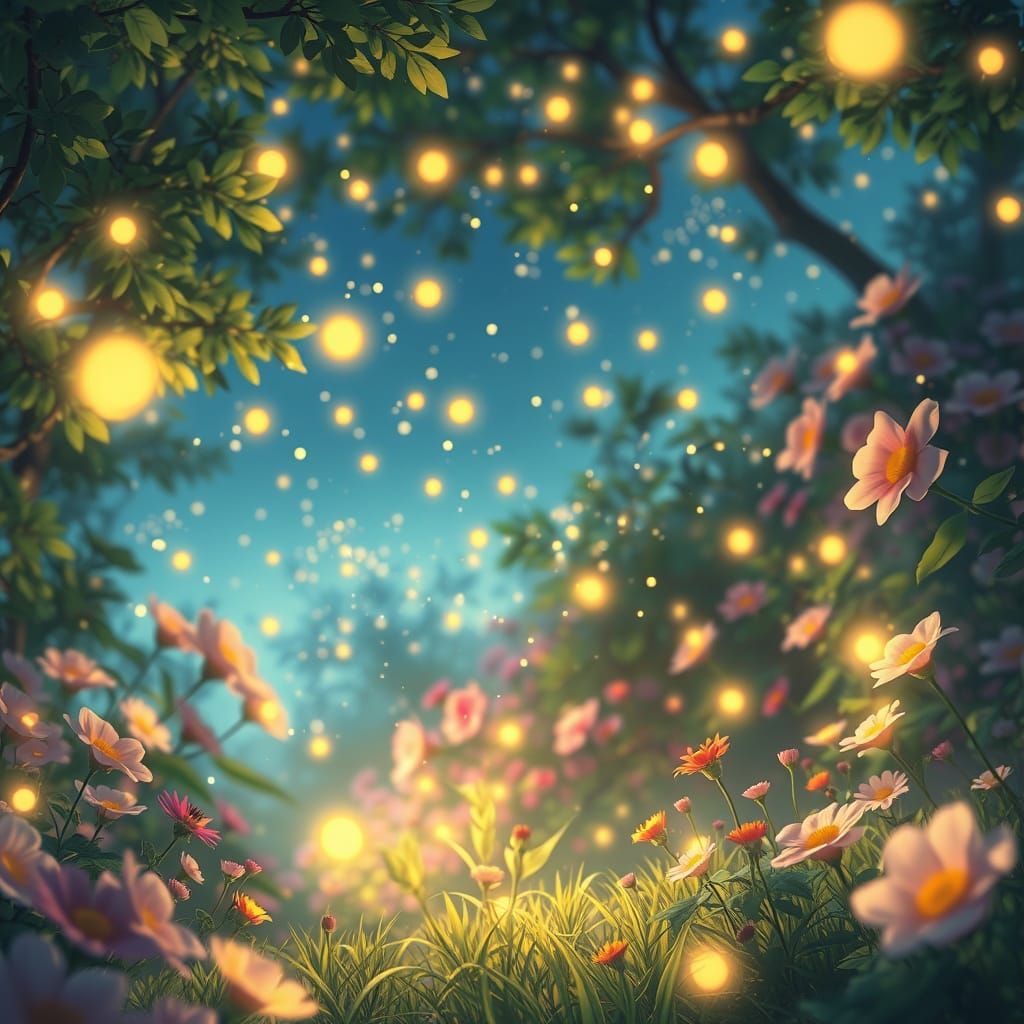 Whimsical Firefly Dance in Lush Greenery