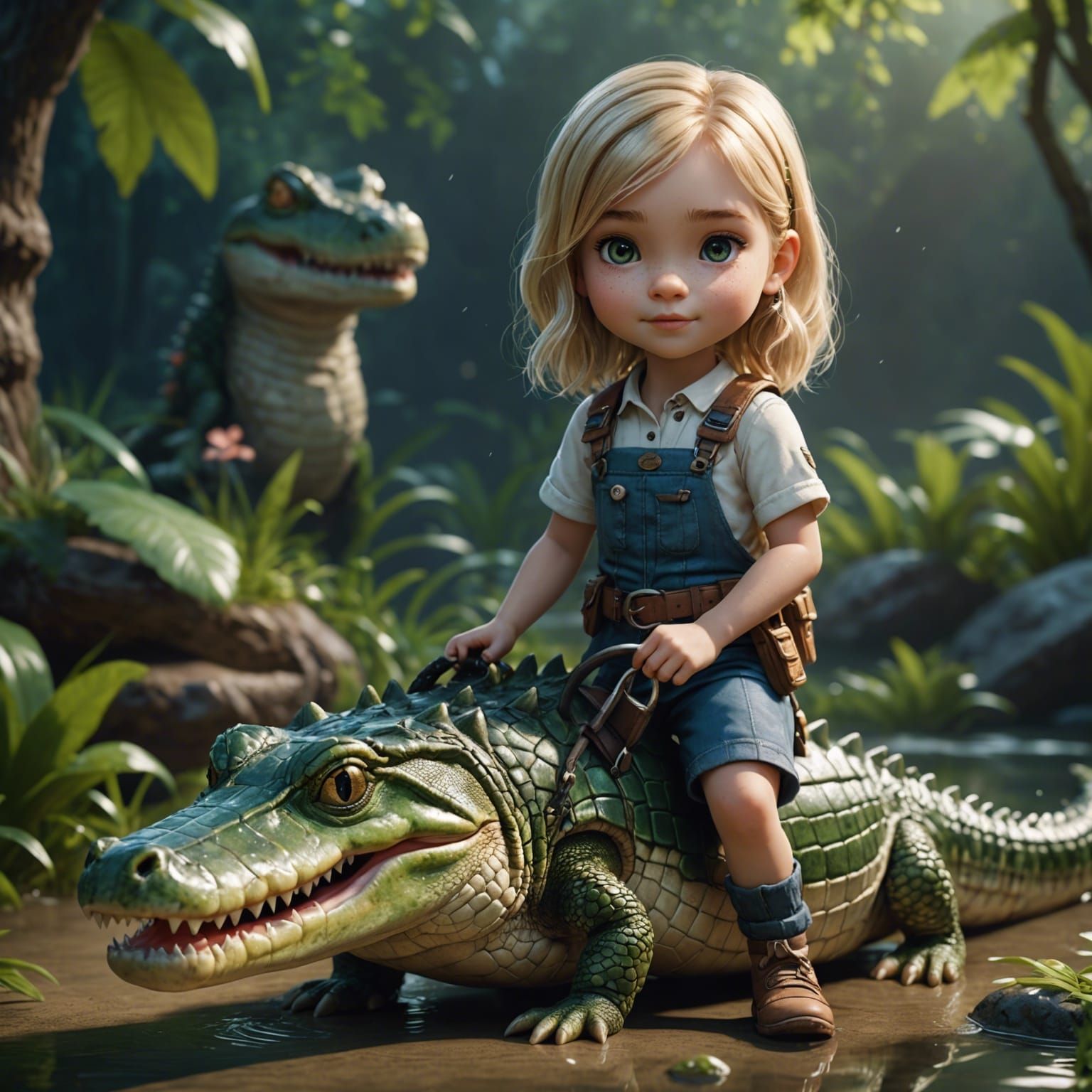 Girl with Alligator Pet: Photorealistic Digital Art