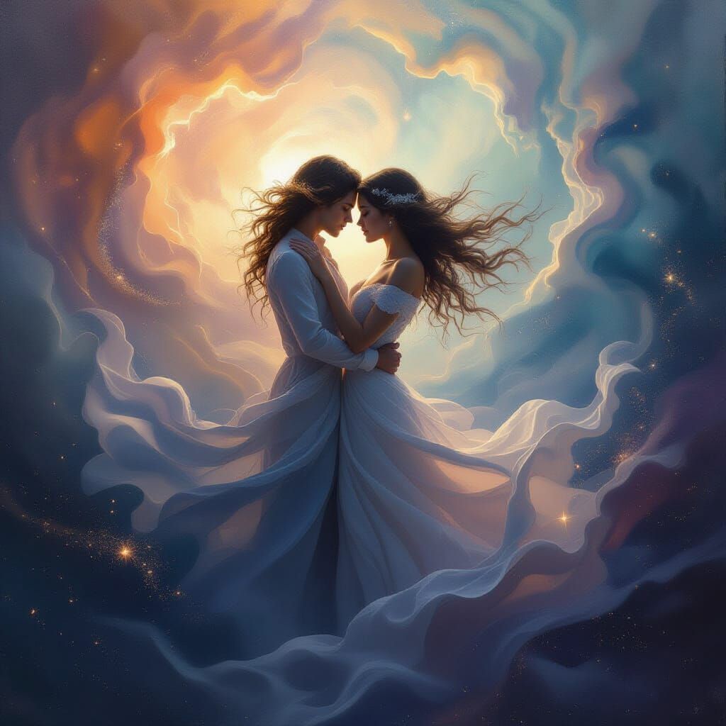 Ethereal Figures Dancing in Cosmic Stardust, Oil Painting