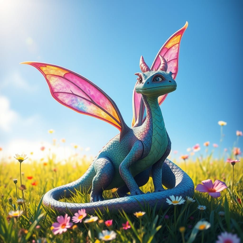 Dragon with Butterfly Wings in Whimsical Sunlit Scene