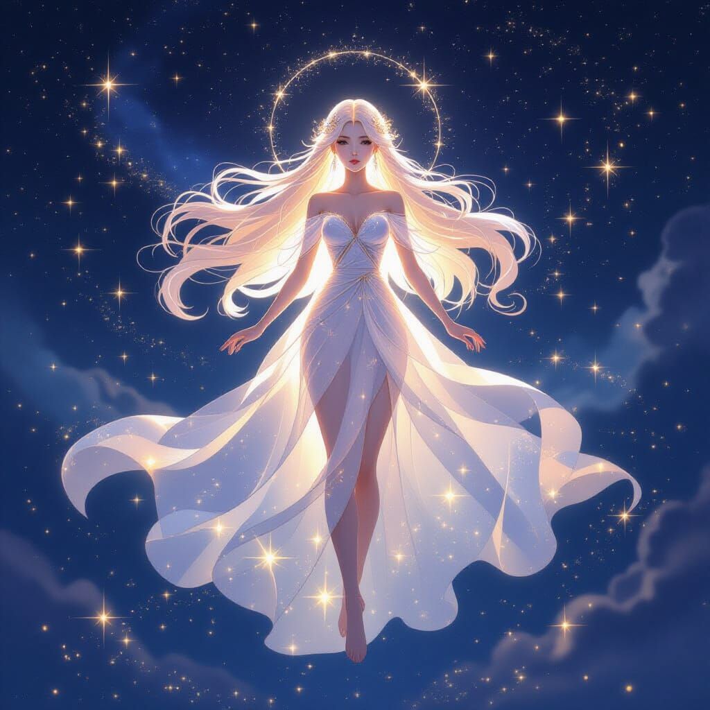 Celestial Goddess in Starry Night Sky Anime Art