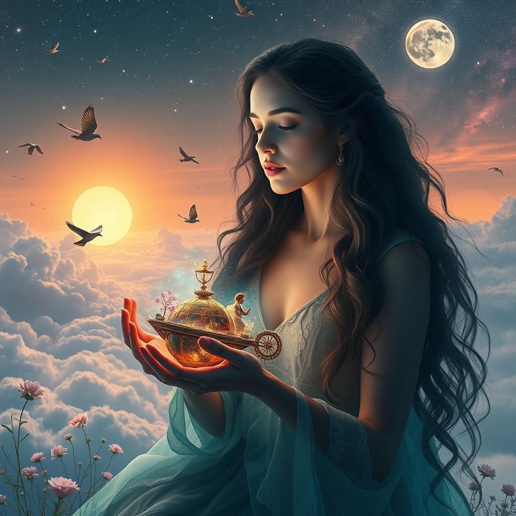 Mystical Woman Holding Cosmos in Dreamlike Universe