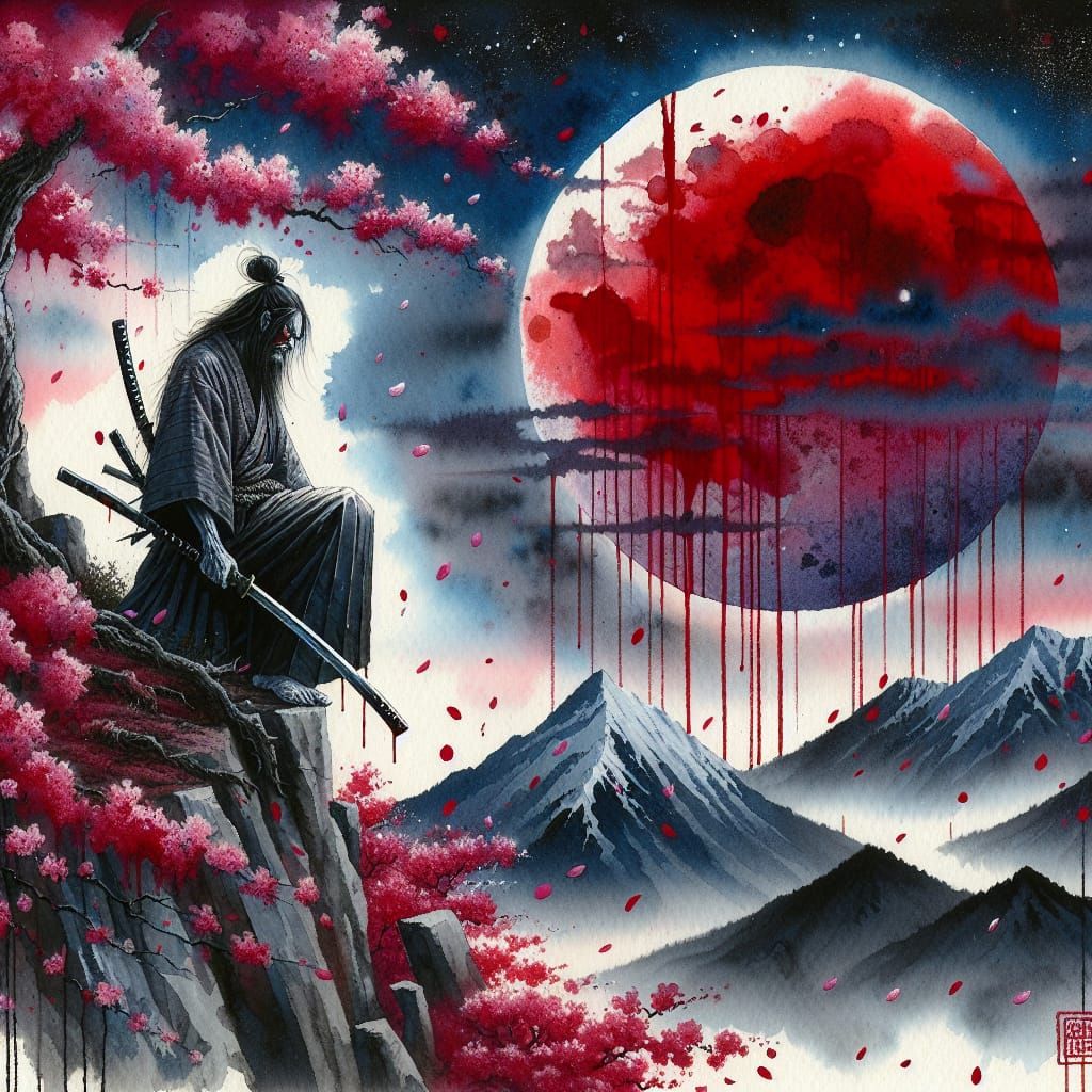 Samurai's Lament: Watercolor Art of Loss and Resilience