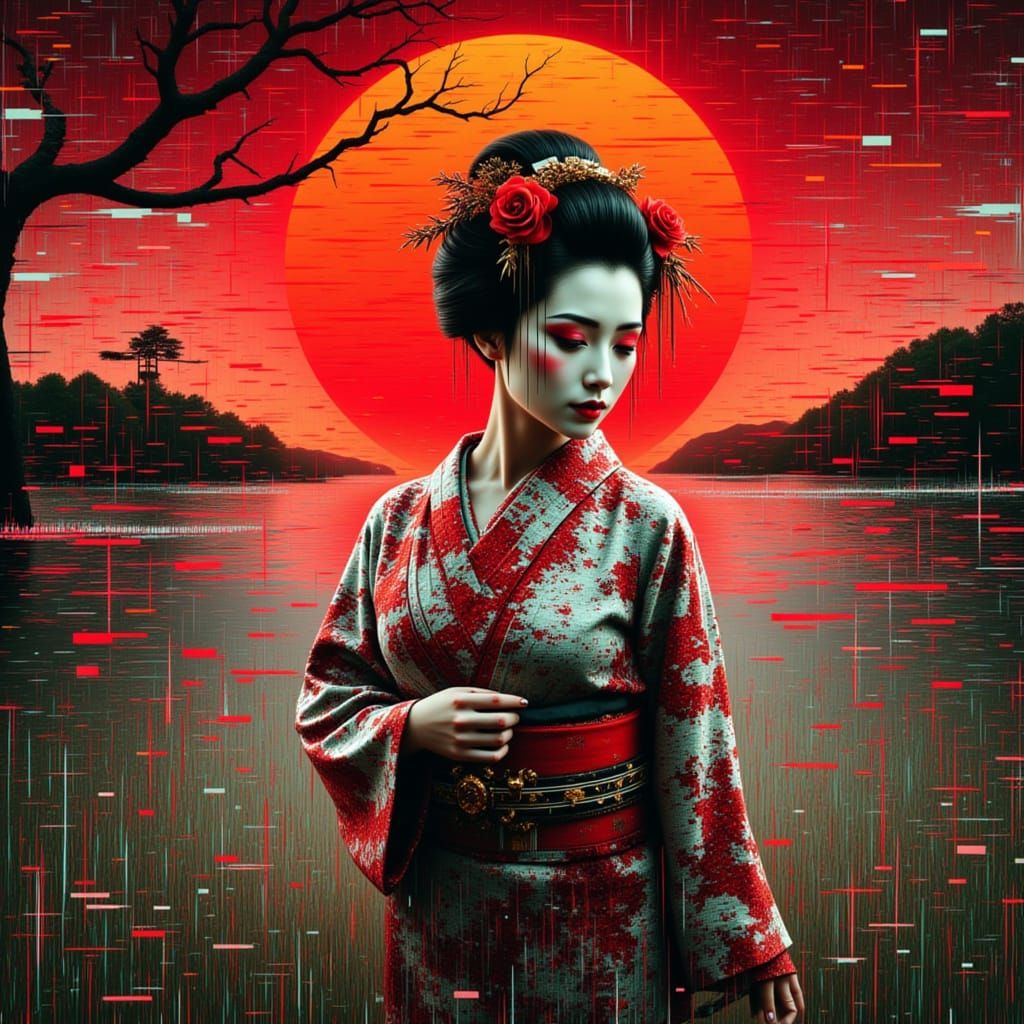 Surreal Geisha Landscape in Vibrant Glitch Art Style