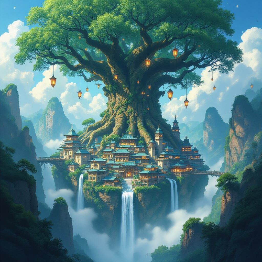 Ancient Tree City with Waterfalls & Lanterns in Anime Style