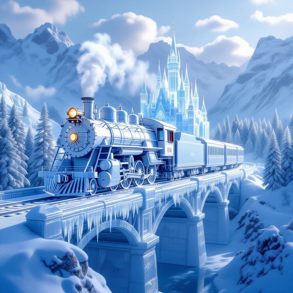 Luminous Ice Crystal Locomotive on Winter Bridge