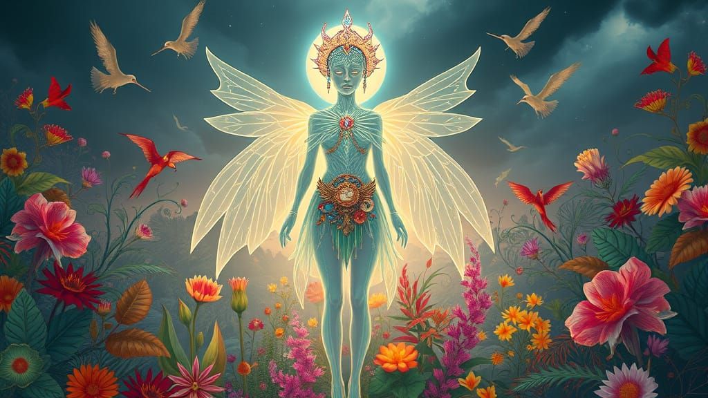 Ethereal Guardian Unfolds amidst Stormy Botanical Dreamscape