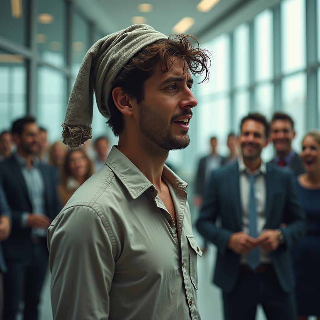 Man Wears Pants as Hat in Office, Cries: Matte Painting
