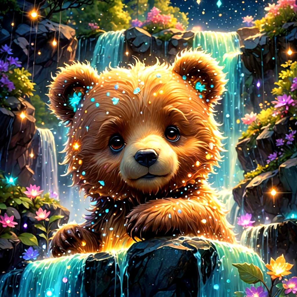 Chibi Bear Constellation over Bioluminescent Waterfall