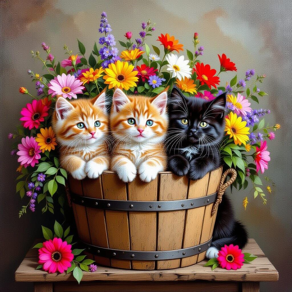 Gata con tres crías en un matero grande con una planta hermo...