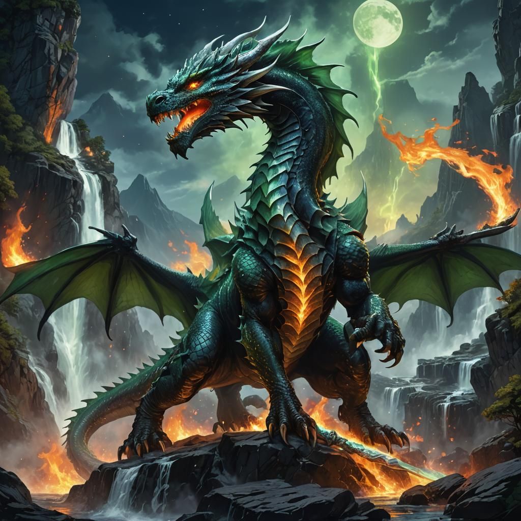 Fantasy Dragon Unleashes Fiery Breath in Moonlight