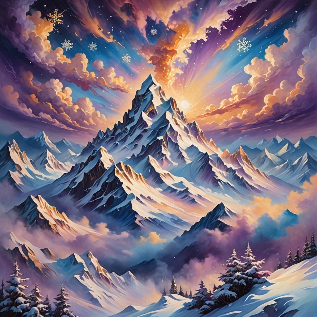 Surreal Snowy Mountains with Celestial View, Oil on Canvas