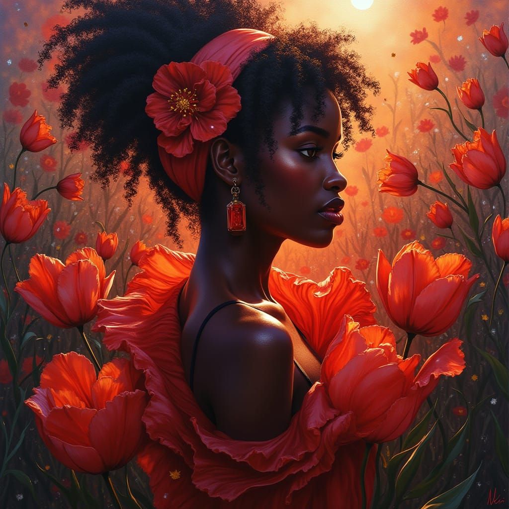 Surreal Tulip Goddess in Shimmering Acrylic Oil Style