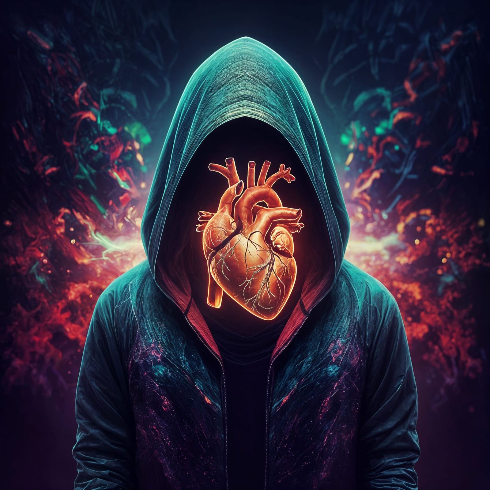 Enigmatic Figure in Digital Landscape with Pulsating Heart