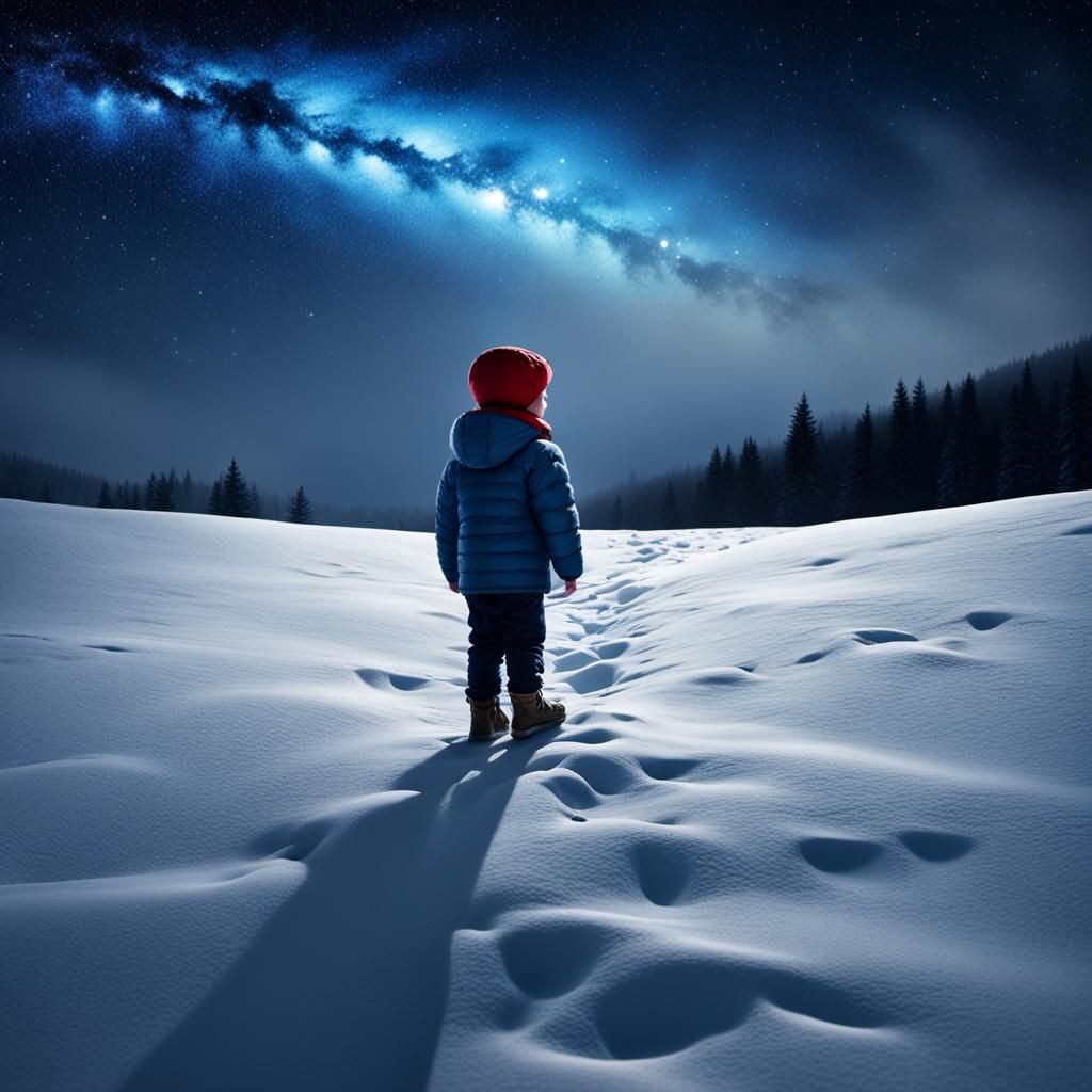 Child Gazing at Stars on a Winter Night