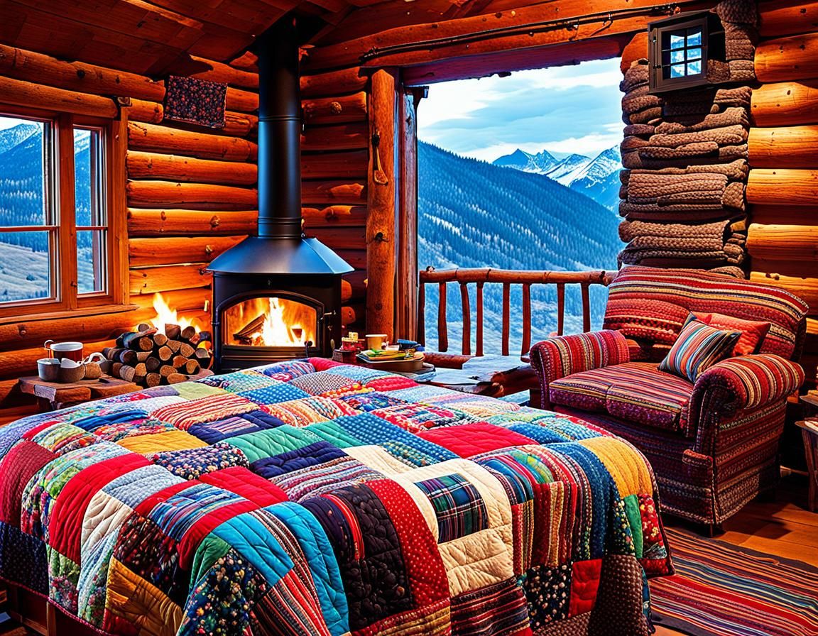 Cozy Mountain Hut with Patchwork Quilt
