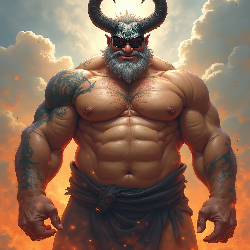 Muscular Djinn with Humorous Mask in Fantasy Art Style