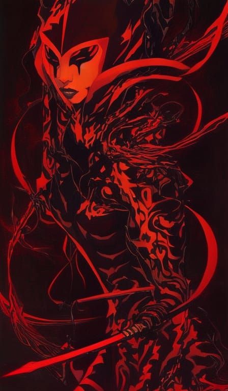 Futuristic Cyber Ninja Portrait in Gouache Style