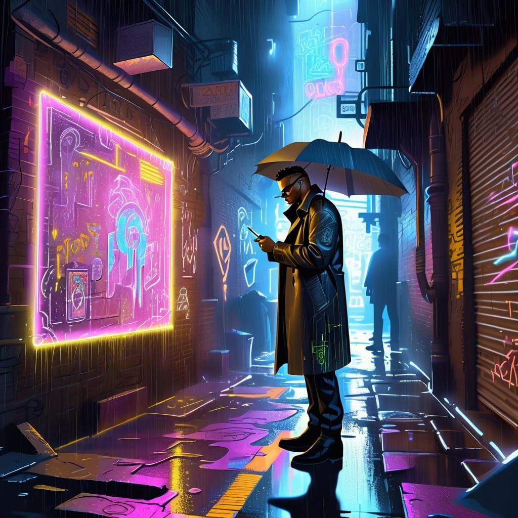 Cyberpunk Detective Investigates Hologram: Graphite Drawing