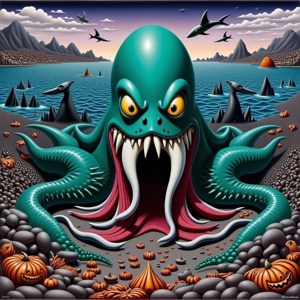 Kraken Halloween Portrait with Mermaid Village in Fantasycor...