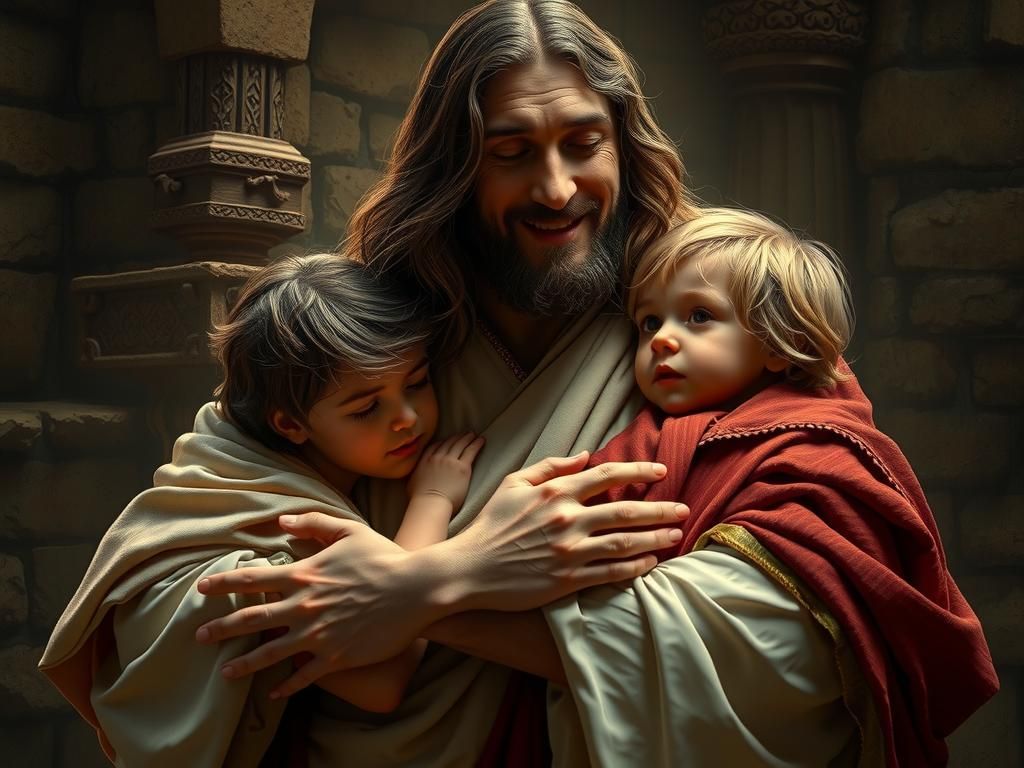 Jesus Embracing Children: Art Nouveau Portrait