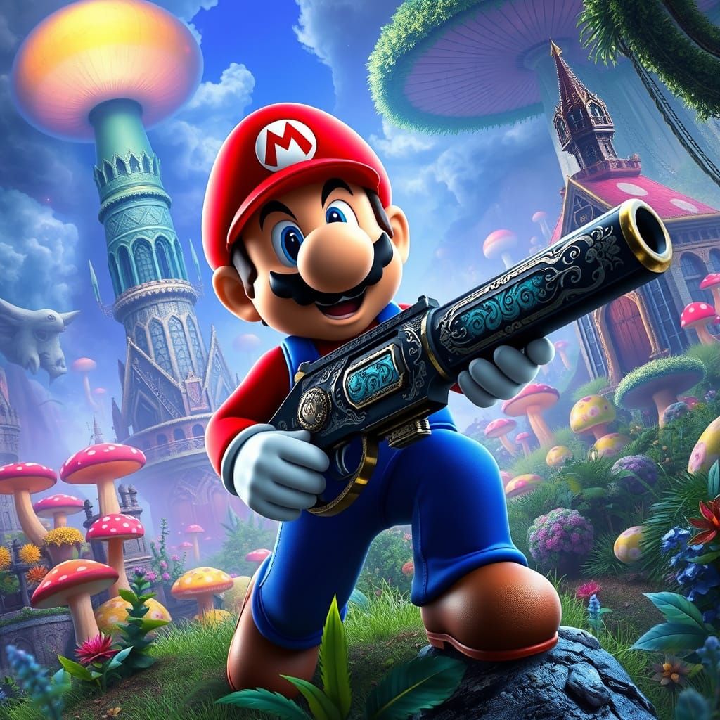 Mario in Cyberpunk Fantasy Art Style