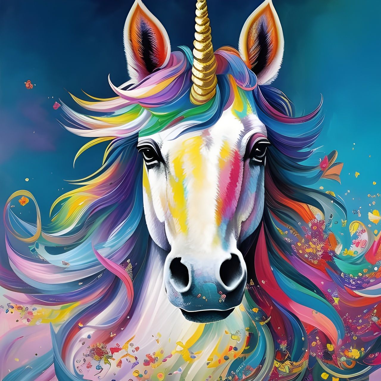 Rainbow Cosmic Unicorn Portrait in Impasto Style