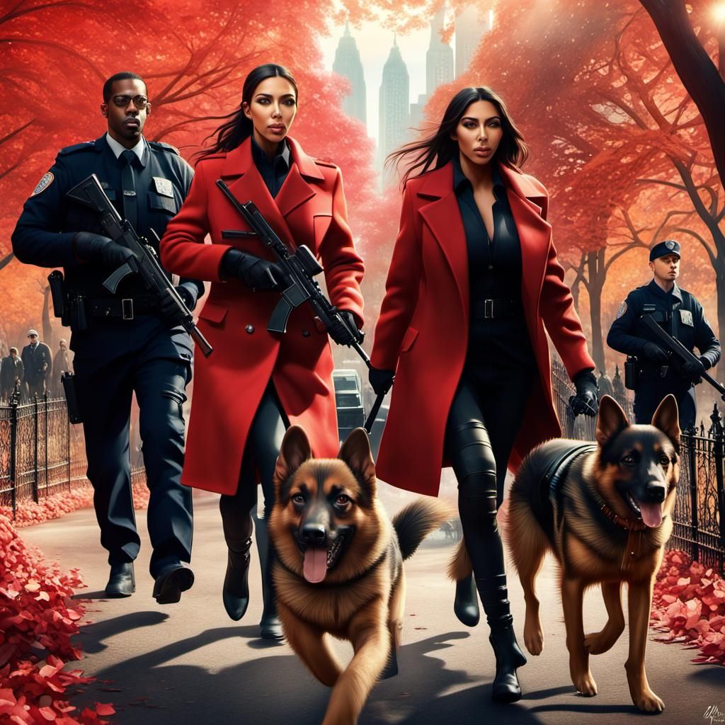 Kim Kardashian as Police Officer with Armed Dogs