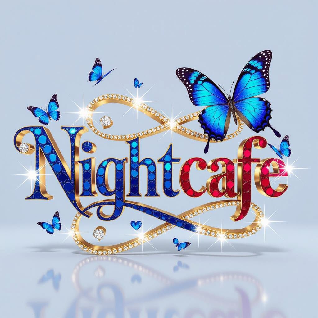 Elegant "nightcafe" Typography with Gemstones and Butterfly