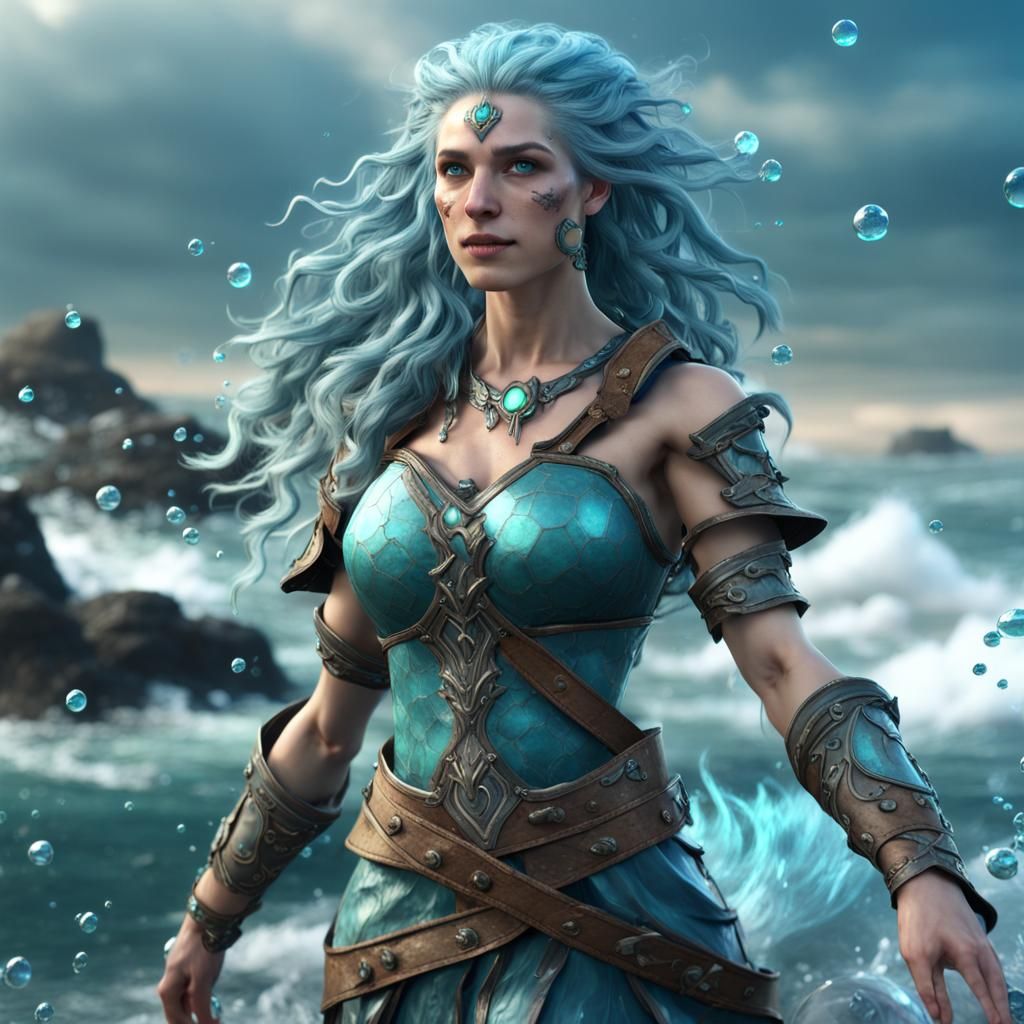 Water Genasi Druid Goddess on Rocky Shore
