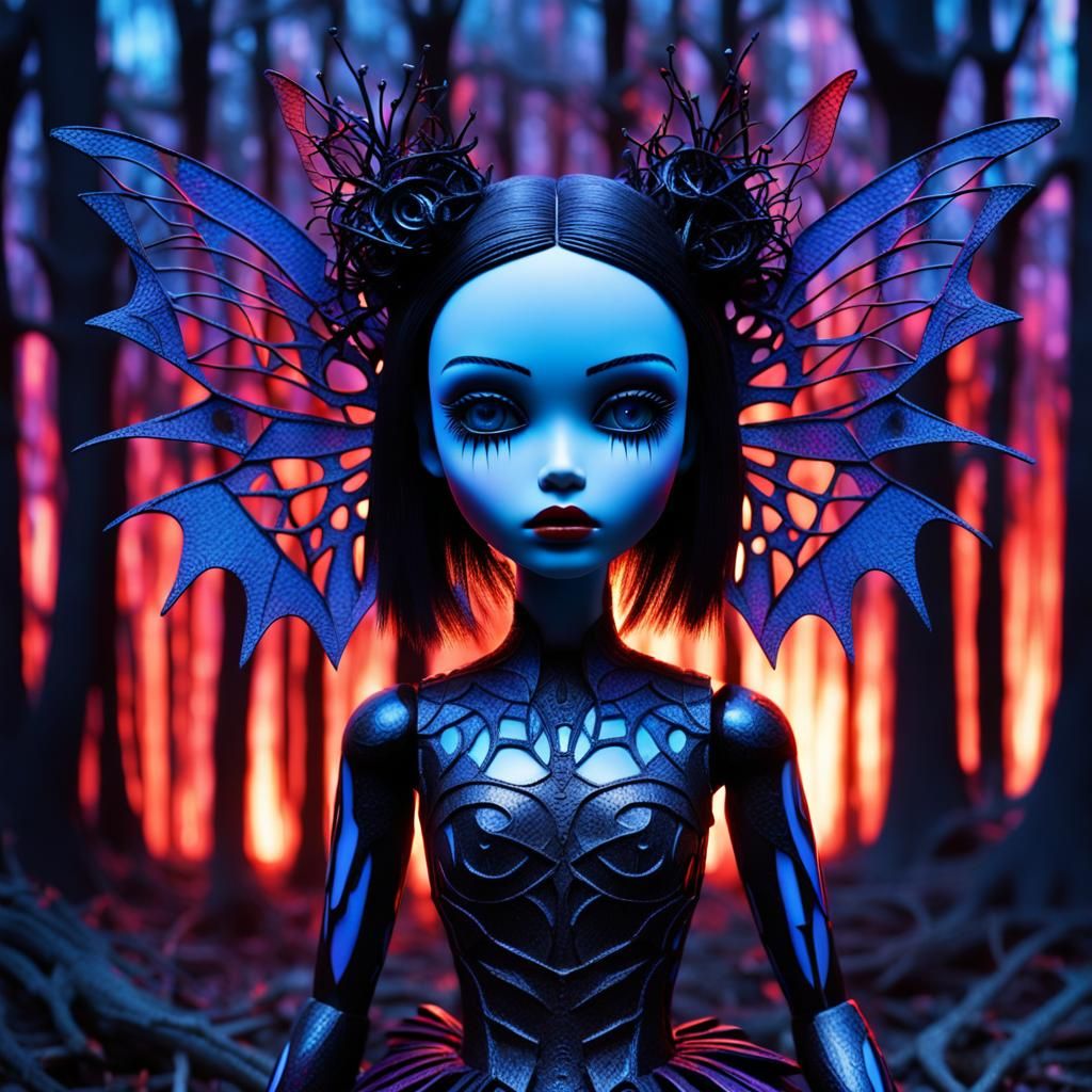 Gothic Cubist Doll with Fairy Wings in Surreal Landscape