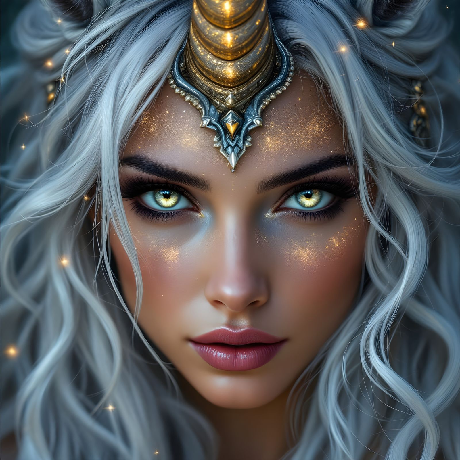 Enchanted Fairy Queen with Unicorn Horn and Glittering Silve...