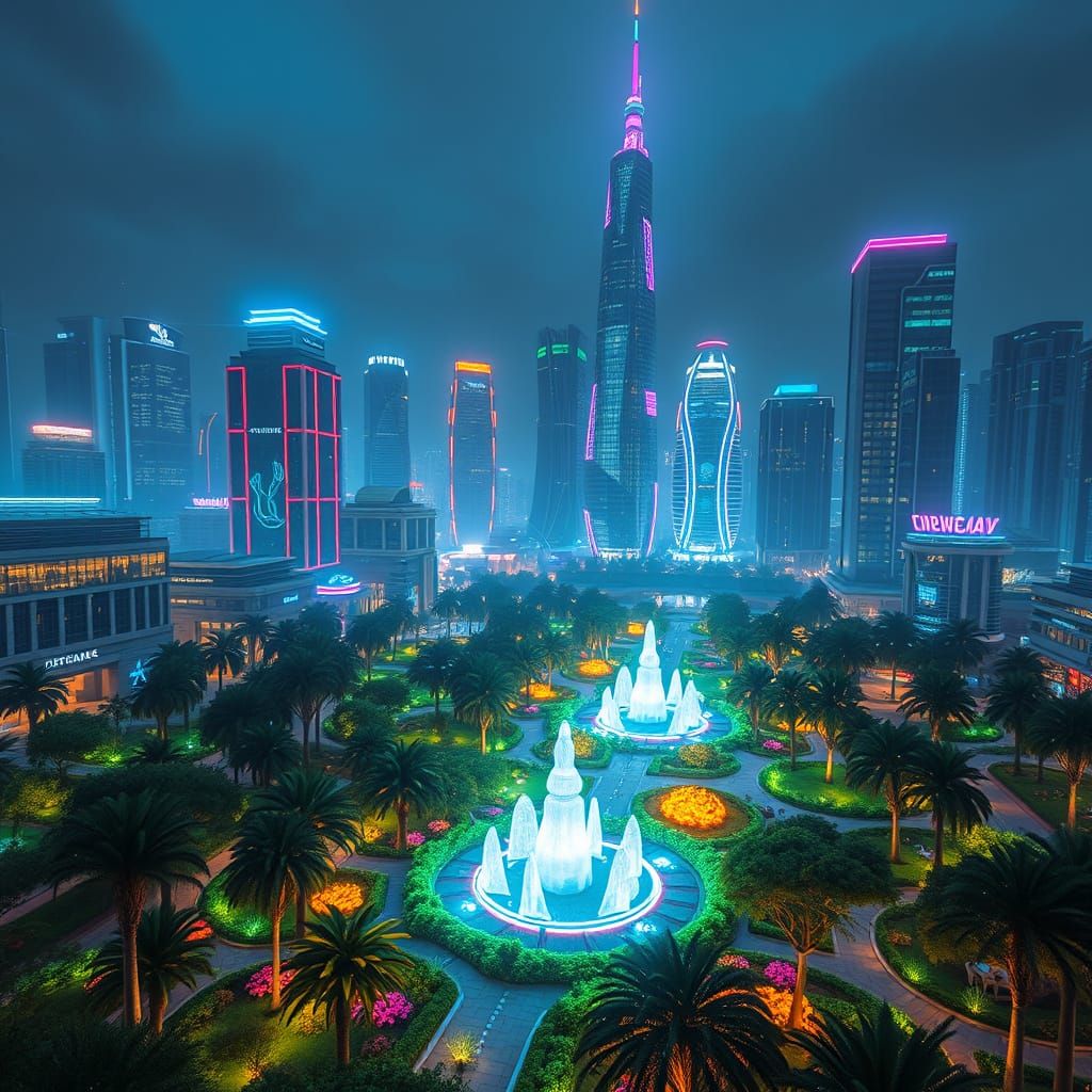 Neon Cyberpark in Futuristic Cityscape